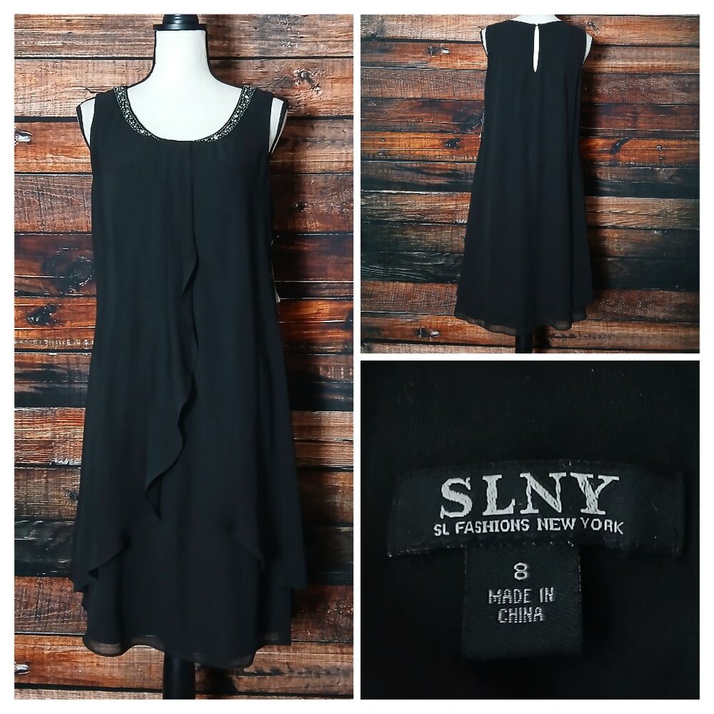 NWT SLNY SL Fashions Dress 8 Black Beaded Split Pleat Front Retro Fairy Layered